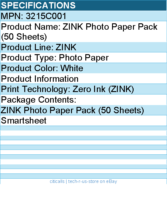 Canon 3215C001 2 x 3" ZINK White Photo Paper Pack (50 Sheets)