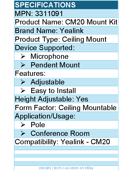 Yealink 3311091 Ceiling Mount for Microphone, Pendent Mount