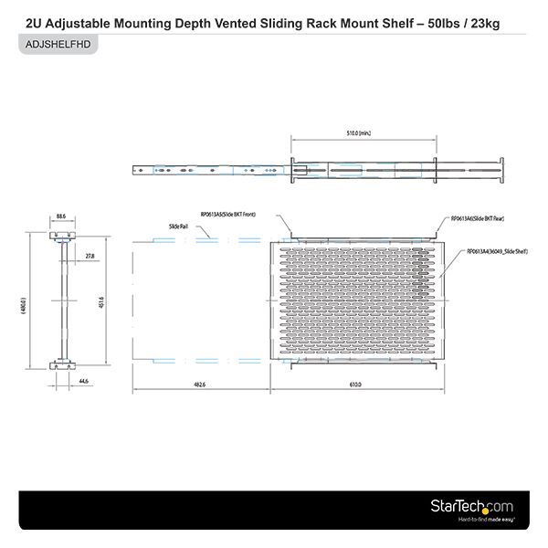 StarTech UNISLDSHF19 19" 2U Server Shelf Sliding Vented Heavy Duty Rack Mount