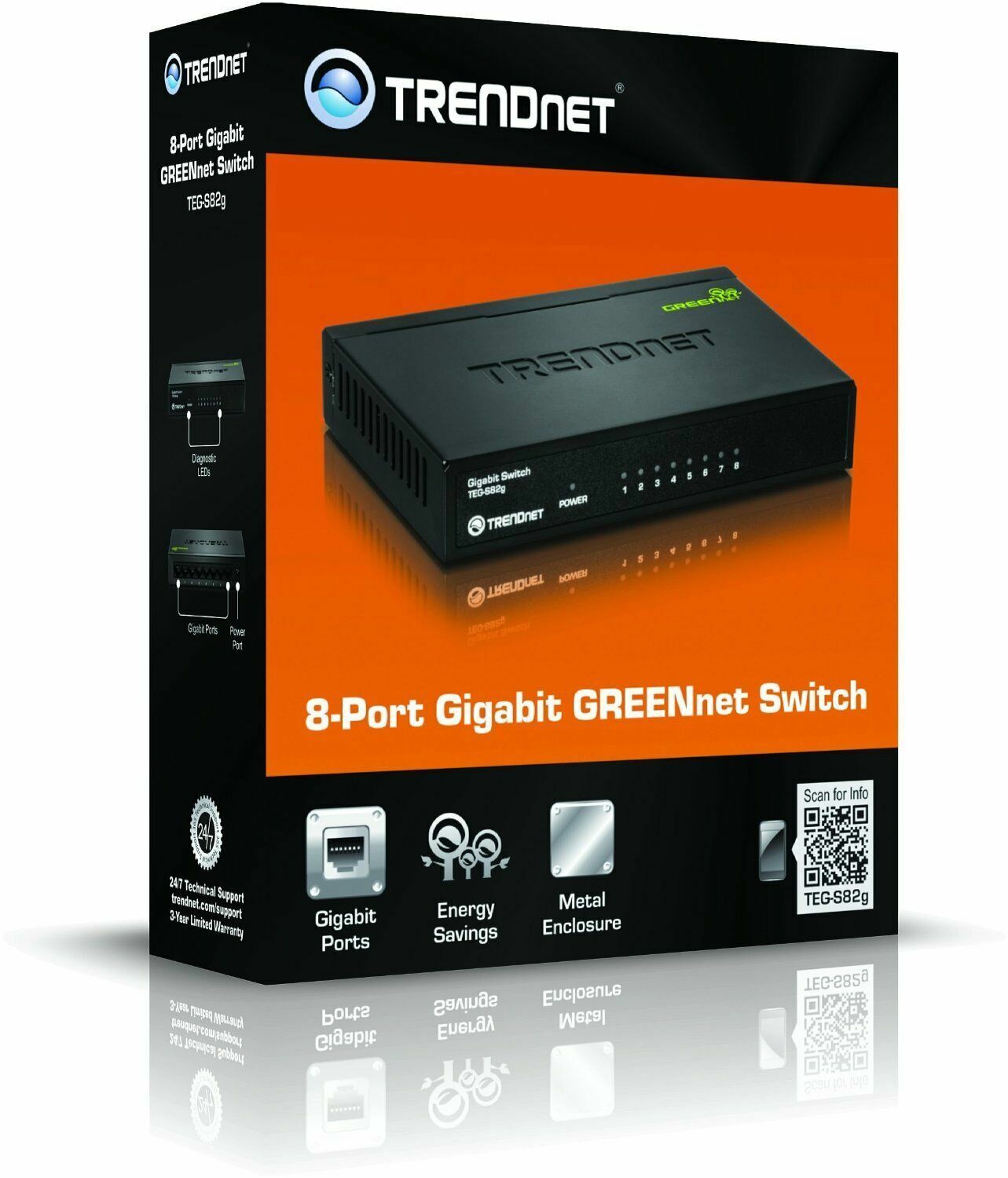 TRENDnet TEG-S82g 8-Port Unmanaged Gigabit GREENnet Desktop Metal Housing Switch