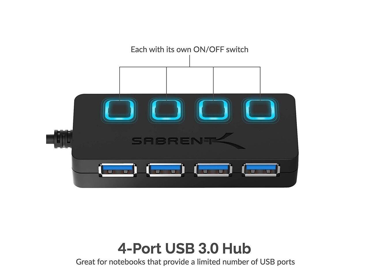 Sabrent HB-UM43 4-Port USB 3.0 Portable thin HUB with Power Switches