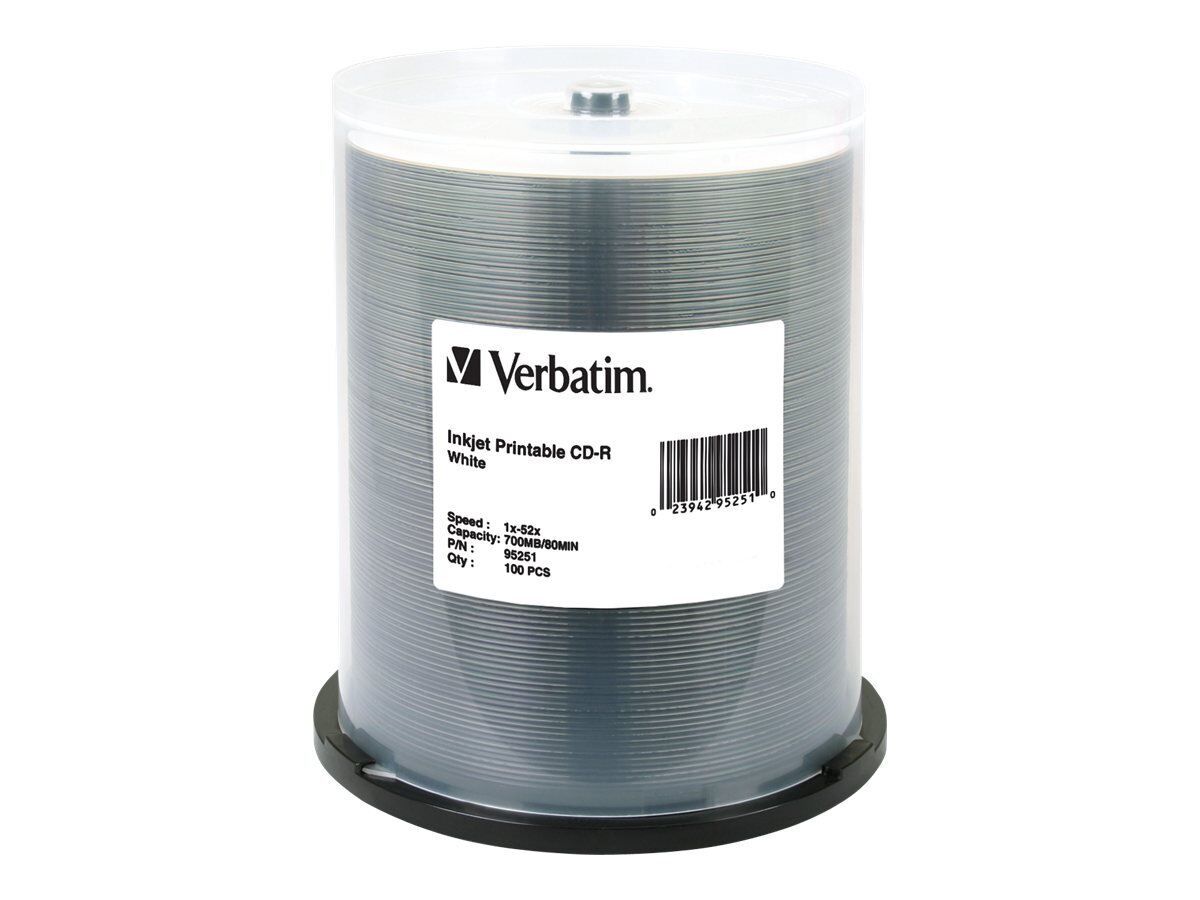 Verbatim 95251 CD-R 700MB 52X White Inkjet Printable - 100pk Spindle- 700MB