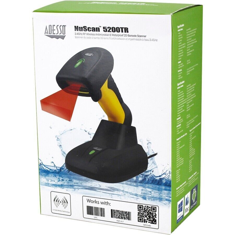 Adesso NuScan 5200TR - 2.4GHz RF Wireless Antimicrobial & Waterproof 2D Barcode