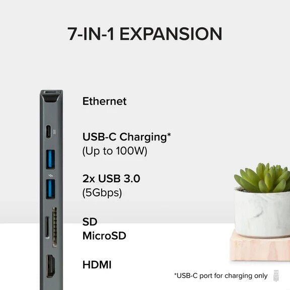 Plugable USBC-7IN1E 7-in-1 USB C Hub Multiport Adapter w Ethernet Turns a Single