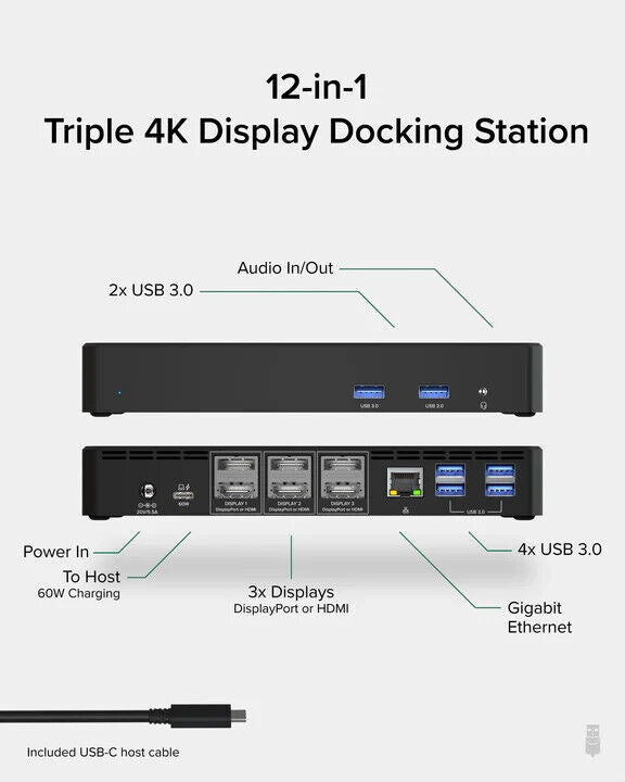 Plugable UD-6950PDZ Docking Station - for Notebook/Monitor - 60 W - USB Type C