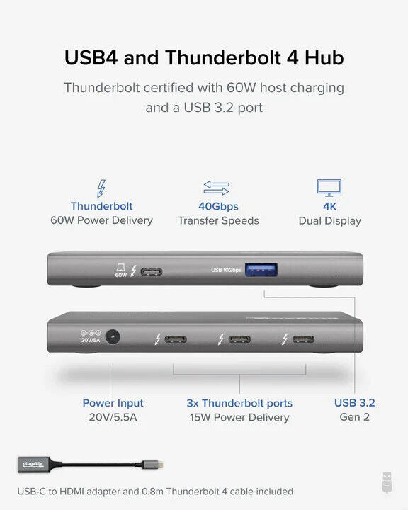 Plugable USB4-HUB3A USB4 Hub, 5-in-1 Thunderbolt 4 Hub with 60W Charging, Single