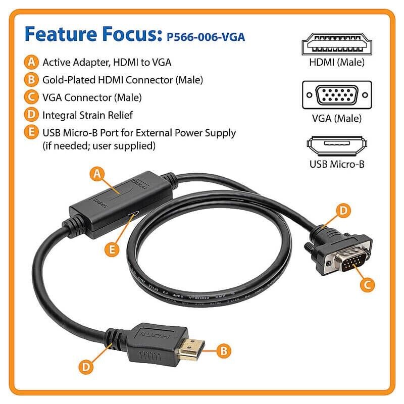 Tripp Lite P566-006-VGA 6FT HDMI to VGA Active Adapter Cable Low Profile HD15 MM