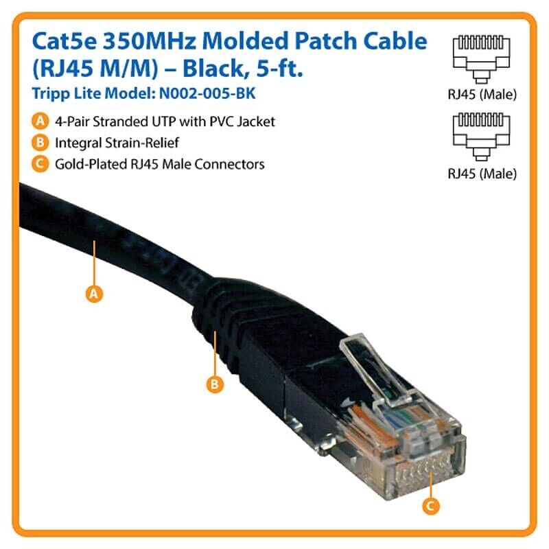 Tripp Lite N002-005-BK Cat5e 350 MHz Molded (UTP) Ethernet Cable (RJ45 M/M) PoE