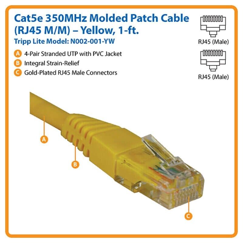 Tripp Lite N002-001-YW 1ft Cat5e / Cat5 350MHz Molded Patch Cable RJ45 M/M