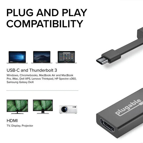 Plugable USBC-THDMI USB C to HDMI Adapter 4K 30Hz, Thunderbolt 3 to HDMI Adapter