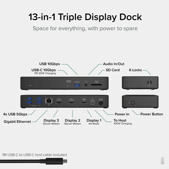 Plugable UD-768PDZ 13-in-1 USB-C Triple Monitor Laptop Docking Station with 100W