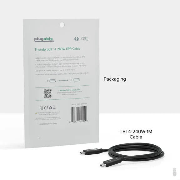 Plugable TBT4-240W-1M Thunderbolt 4 Cable with 240W Charging, Thunderbolt