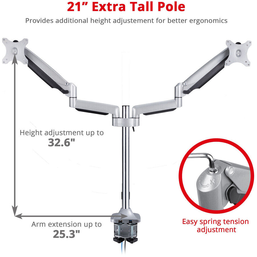 SIIG CE-MT2X11-S1 Dual Monitor Gas Spring Desk Mount with USB Port - 17" to 32"
