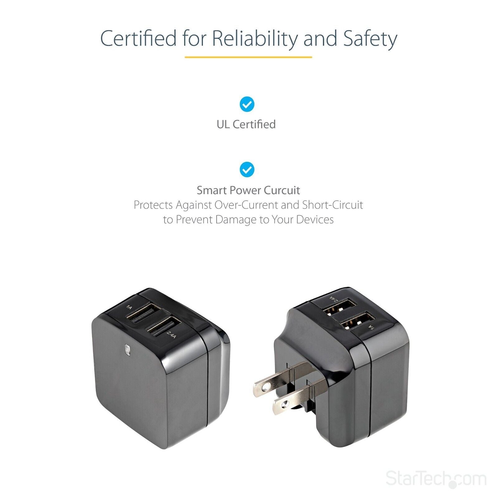 StarTech USB2PACUBK 2Port USB Wall Charger, 17W Wall Charger Hub(2.4A & 1A port)