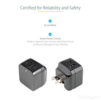 StarTech USB2PACUBK 2Port USB Wall Charger, 17W Wall Charger Hub(2.4A & 1A port)