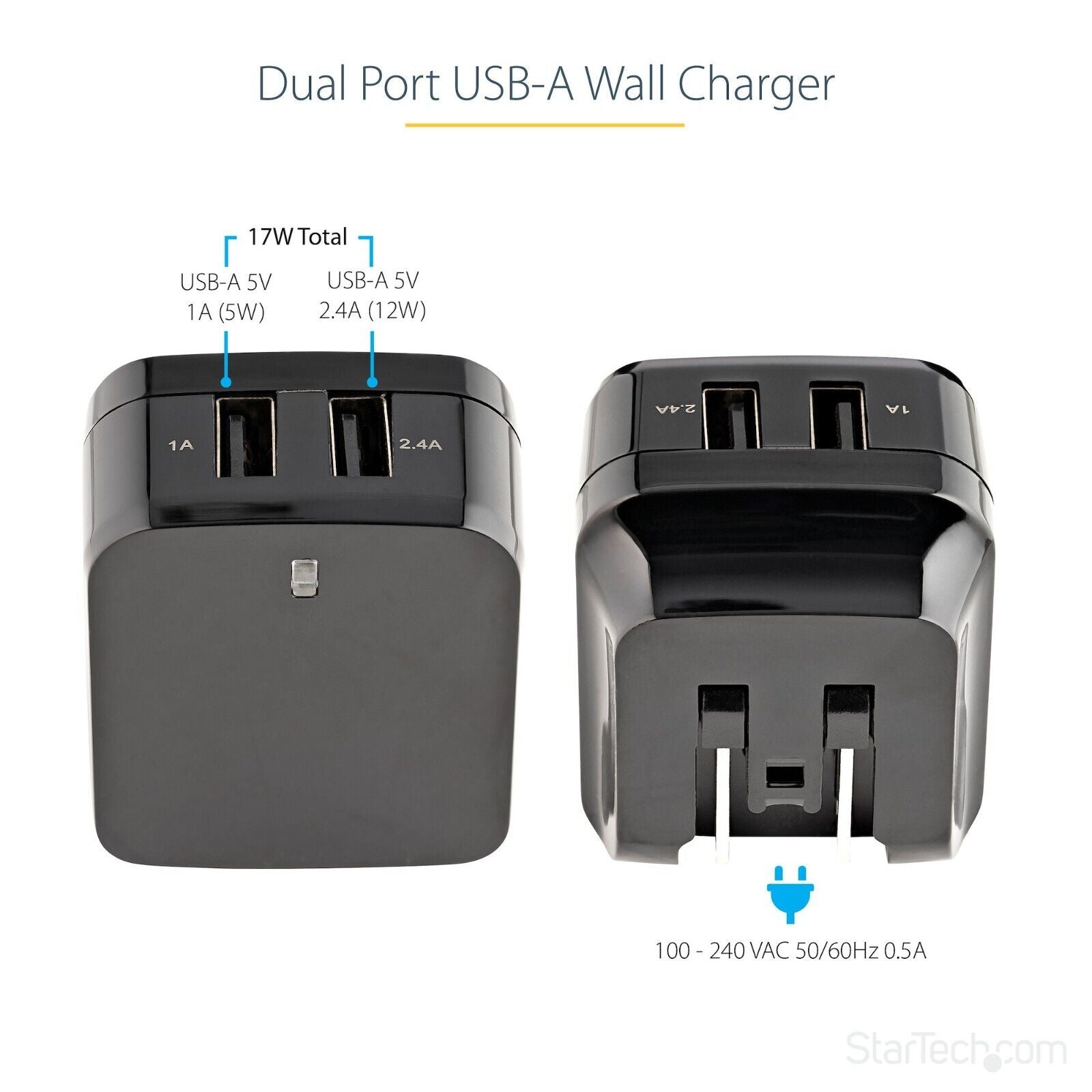 StarTech USB2PACUBK 2Port USB Wall Charger, 17W Wall Charger Hub(2.4A & 1A port)