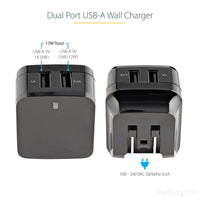 StarTech USB2PACUBK 2Port USB Wall Charger, 17W Wall Charger Hub(2.4A & 1A port)