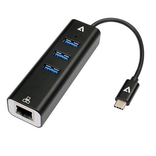 V7 V7UCRJ45USB3 Gigabit Ethernet Adapter USB-C Male to USB A Female x 3, RJ45