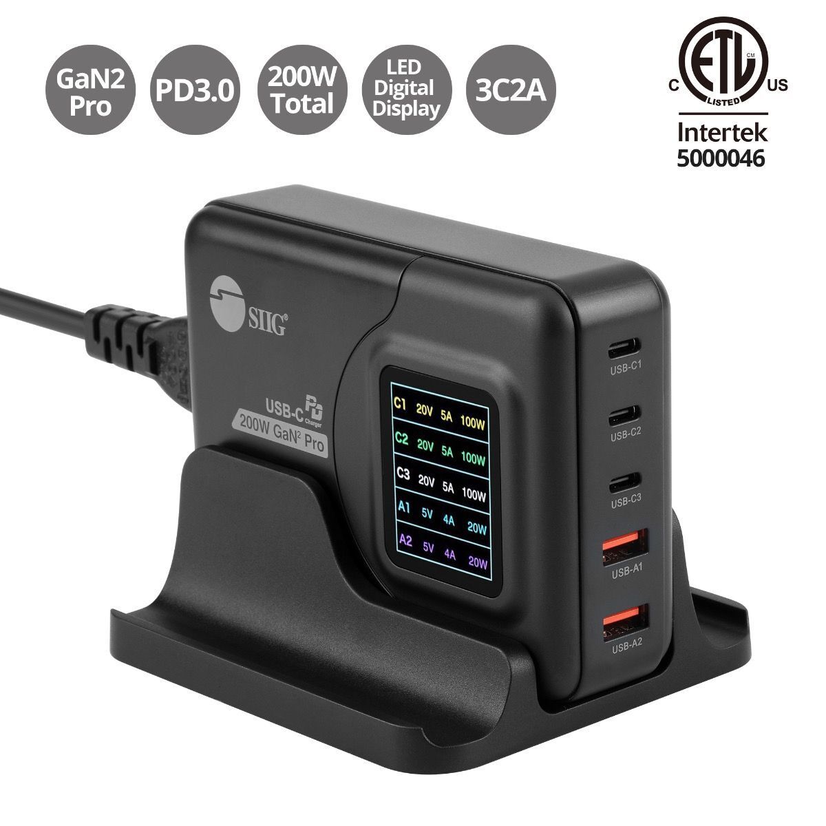 SIIG AC-PW1Y11-S1 200W GaN PD Charger with Charging Display- 3C2A