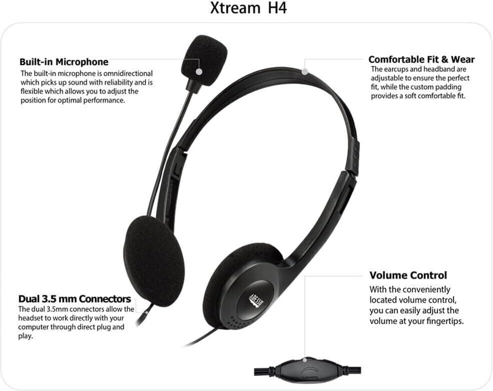 Adesso XTREAM H4 3.5mm Stereo Headset with Microphone - Noise Cancelling - Wired