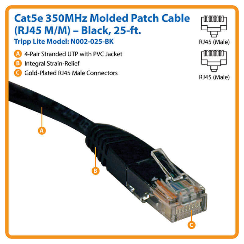 Tripp Lite N002-025-BK 25ft Cat5e/Cat5 350MHz Molded Patch Cable RJ45 M/M Black