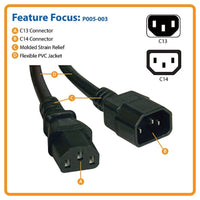 Tripp Lite P005-003 3FT Power Cord Extension Cable C14 C13 Heavy Duty 15A BLACK