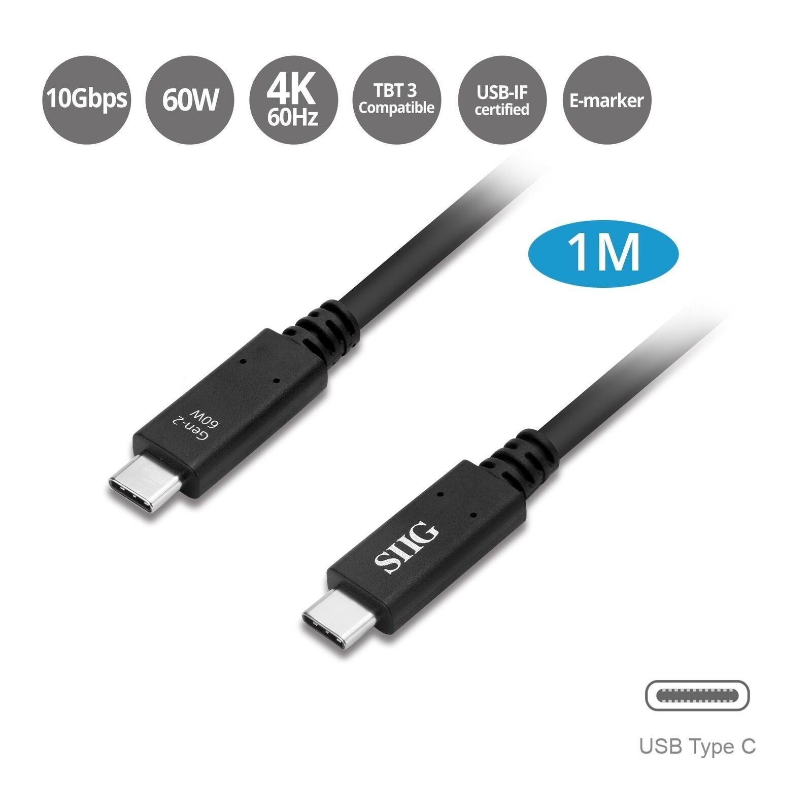 SIIG CB-TC0E11-S1 USB 3.1 Type-C Gen 2 Cable 60W 1M 10Gbps Brown Box