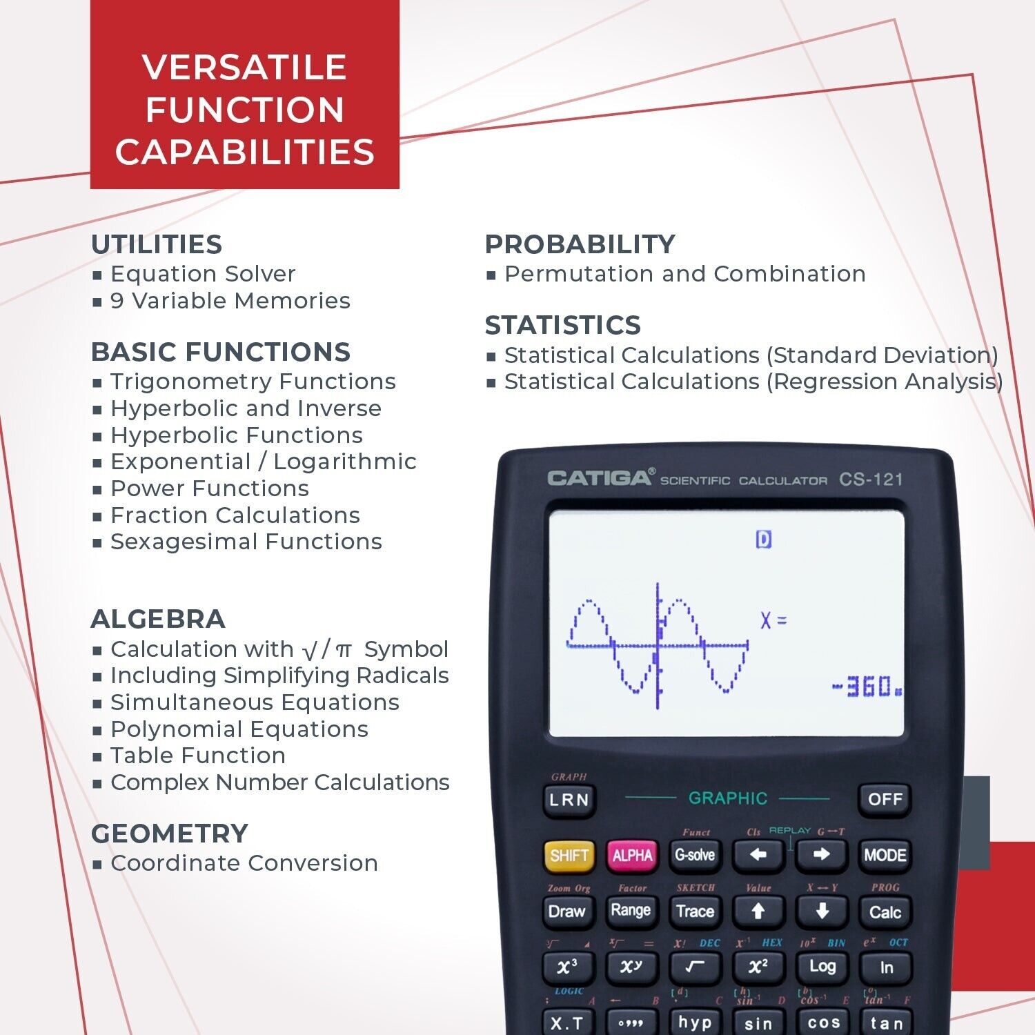 Adesso CS-121B Catiga Scentific Graphing Engineering 280 Func Calculator Black