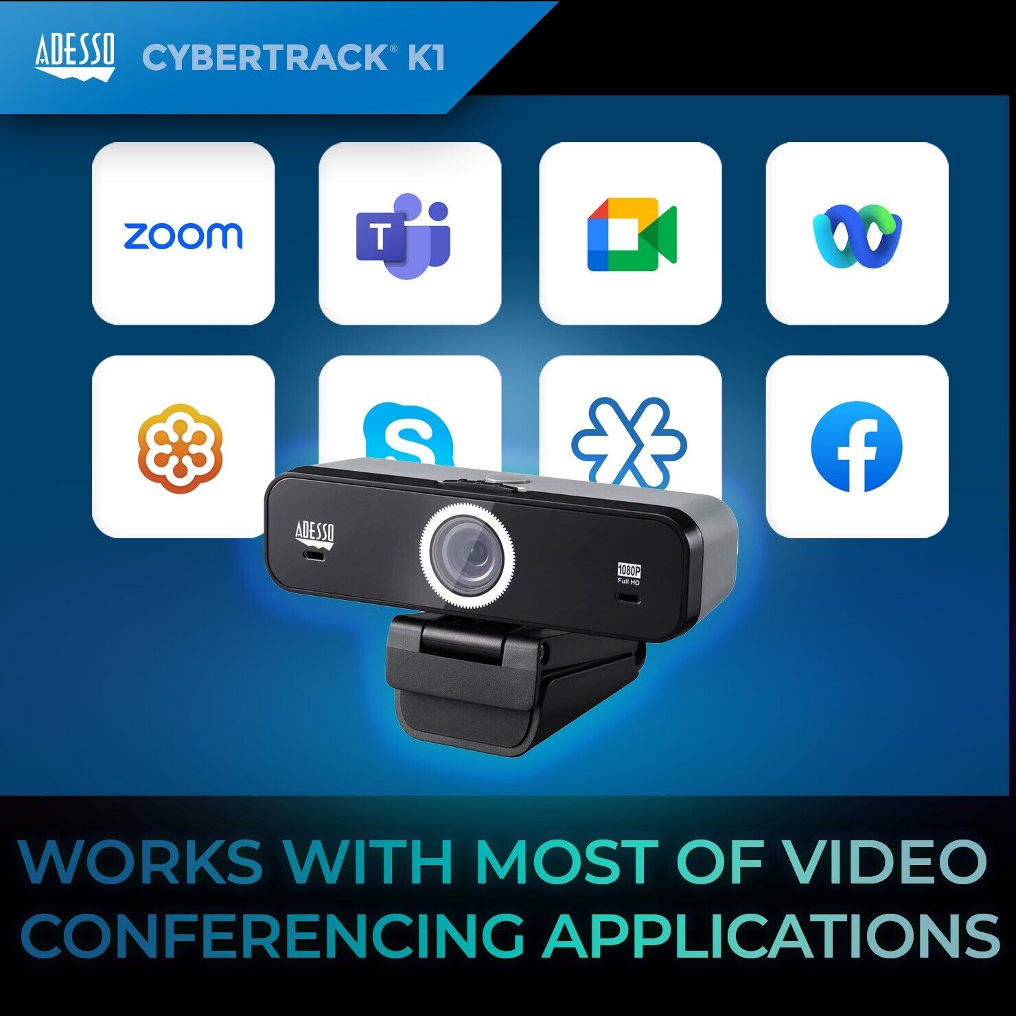 Adesso CYBERTRACK K1 1080P Full HD USB Webcam w Dual Mic Privacy Shutter Tripod