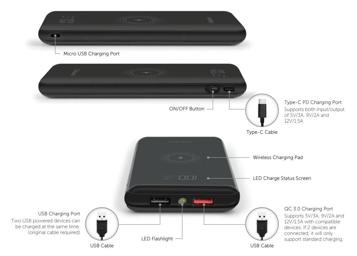 Aluratek AWPBQ10KF 10000mAh Wireless Quick Charging PowerBank USB C 5V 9V 12V