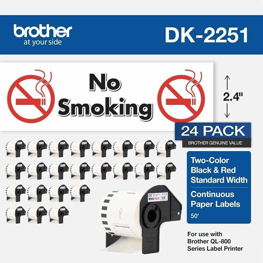 Brother DK225124PK  2.4" x 50' Cont Black/Red Paper Labels (24 Rolls per Box)