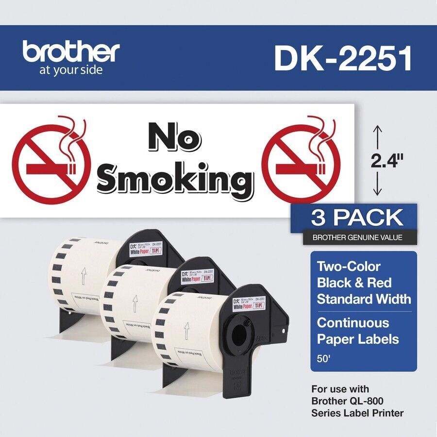 Brother DK22513PK 2.4" x 50' ' Cont Black/Red Paper Labels (3 Rolls per Box)