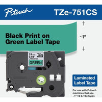 Brother TZE751CS P-Touch 1"x26.2' BLACK on GREEN Laminated Label Tape Cartrdge