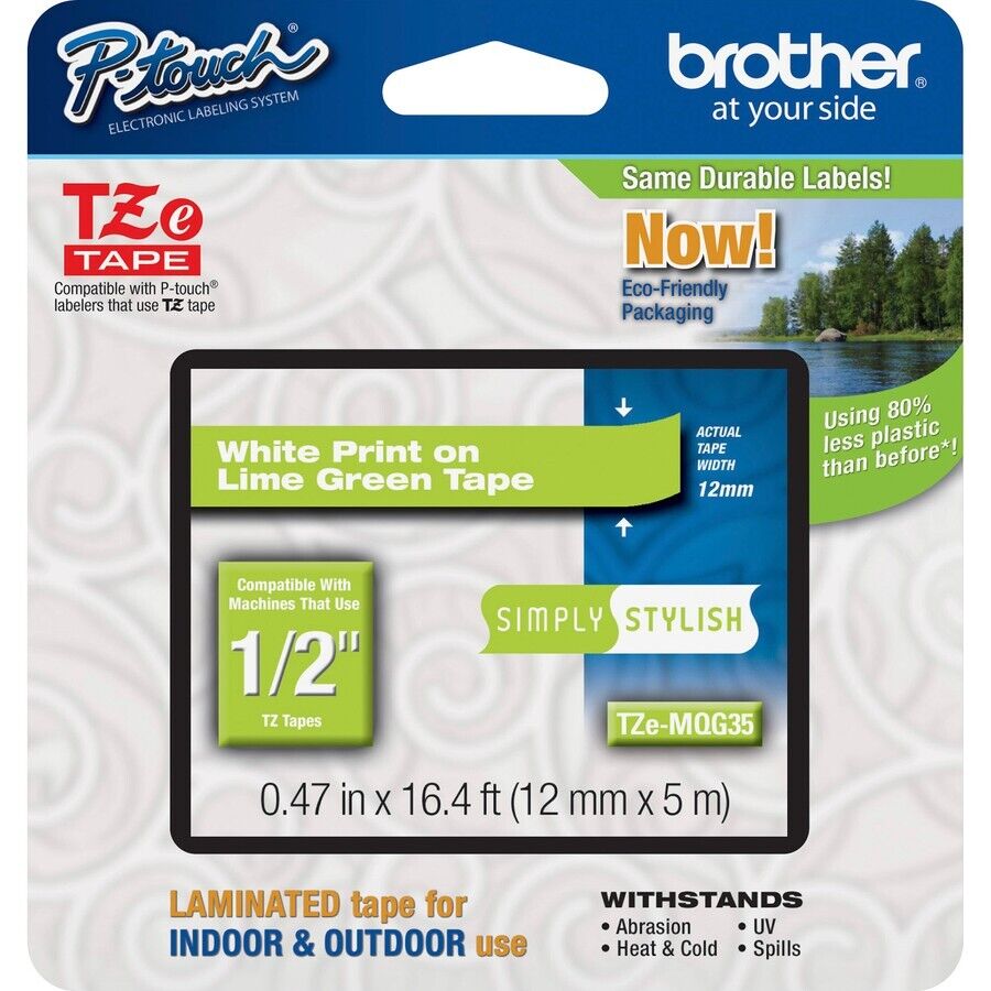 Brother TZEMQG35 P-Touch 1/2"x26.2' WHITE on LIME GREEN Laminated Label Tape