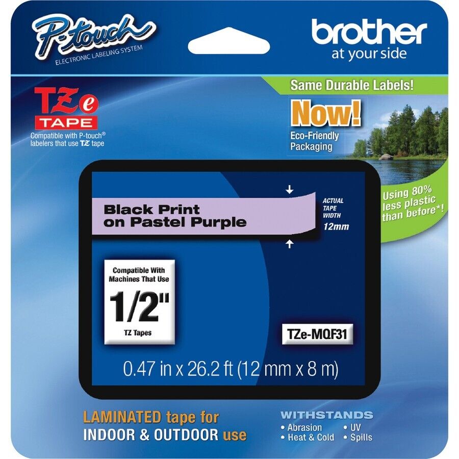 Brother TZEMQF31 P-Touch 1/2"x26.2' BLACK on PASTEL PURPLE Laminated Label Tape