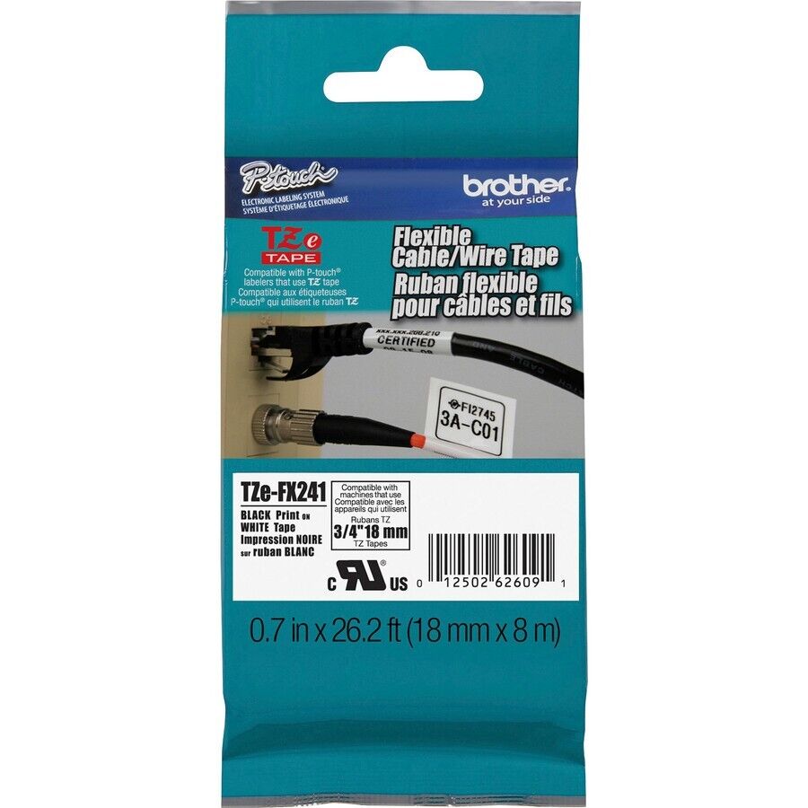 Brother TZEFX241 P-Touch 3/4"x26.2' BLACK on WHITE Flexible ID Label Tape Cartr