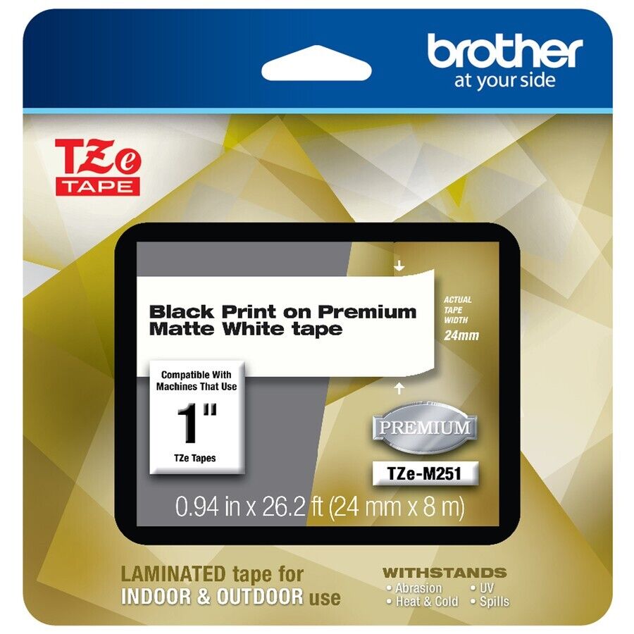 Brother TZeM251 P-Touch 1"x26.2' BLACK on MATTE WHITE Flexible Lam Label Tape