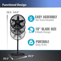 Lasko 1827 Pedestal Elegance Fan 3 Speed 18" Adjustable Height Portable BLACK