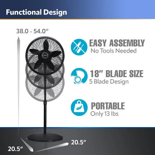 Lasko 1827 Pedestal Elegance Fan 3 Speed 18" Adjustable Height Portable BLACK