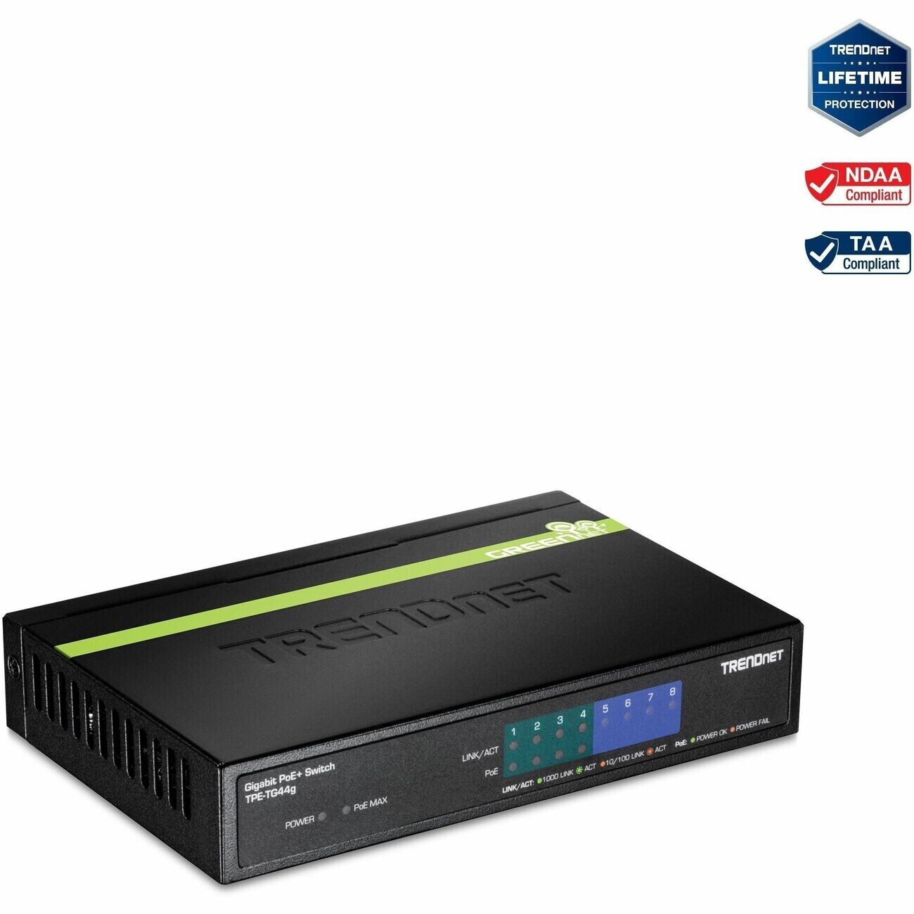 TRENDnet TPE-TG44g 8 Port Gigabit Unmanaged Switch 4 Port PoE+ 61W Budget Metal