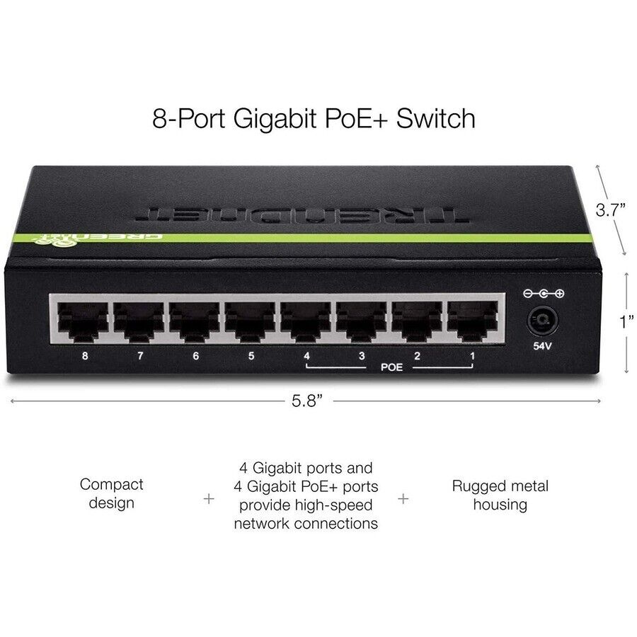 TRENDnet TPE-TG44g 8 Port Gigabit Unmanaged Switch 4 Port PoE+ 61W Budget Metal