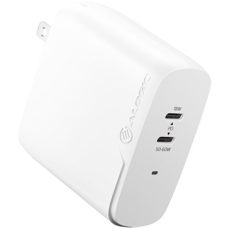 Alogic WCG2X68-US 2X68 2 Port 68W GaN Raid Power w 2M USB-C Charger Cable White