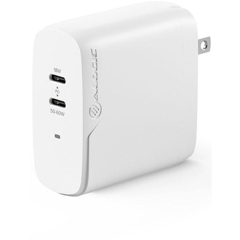 Alogic WCG2X68-US 2X68 2 Port 68W GaN Raid Power w 2M USB-C Charger Cable White