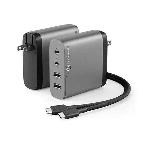 Alogic WCG4X100SGR-US 2 Port 100W GaN Rapdi Power w 2M USB-C Charger Cable Gray