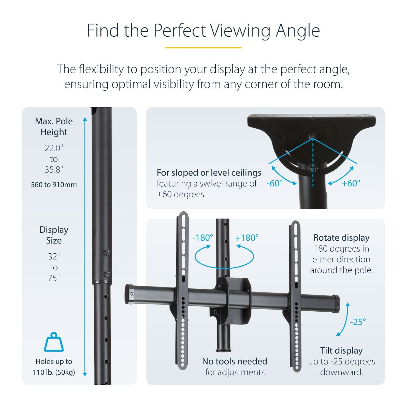 StarTech FPCEILPTBSP Full Motion Hanging TV Ceiling Mount Short Pole 32"-75"