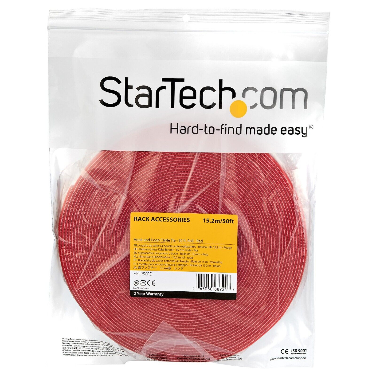 StarTech HKLP50RD 50Ft Hook & Loop Tape Roll Reusable Cable Fastener Ties Red