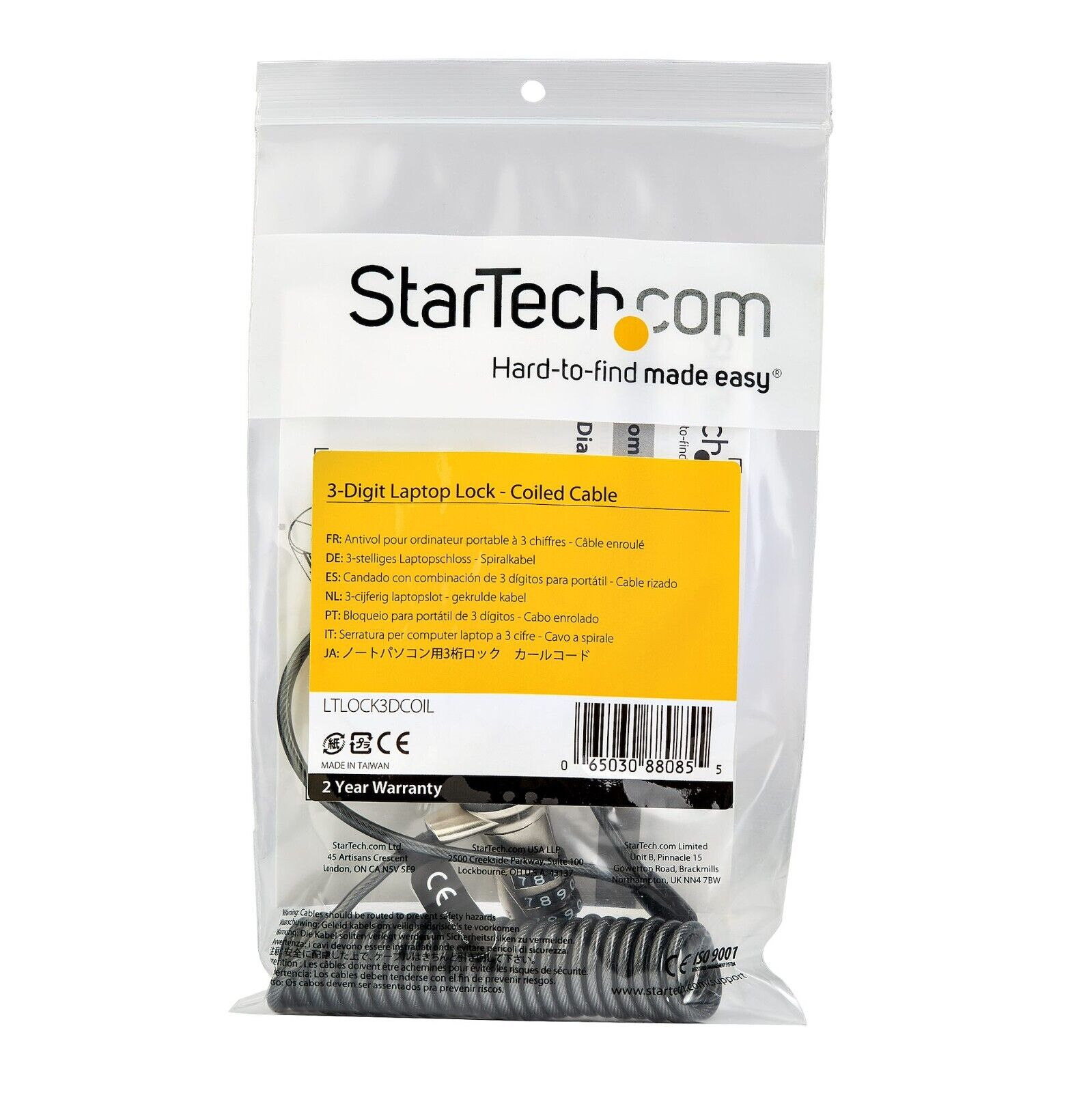 StarTech LTLOCK3DCOIL 6Ft Laptop 3-Dig Combi Lock Steel Security Cable to K-Slot