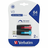 Verbatim 70899 2Pk 64GB Store N Go V3 USB 3.2 Flash Drive Red Blue Retractable