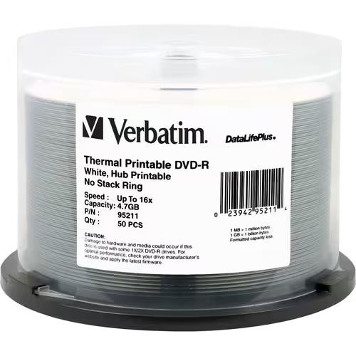 Verbatim 95211 50Pk DVD-R 16X 4.7GB White Thermal DataLifePlus PRINTABLE Spindle