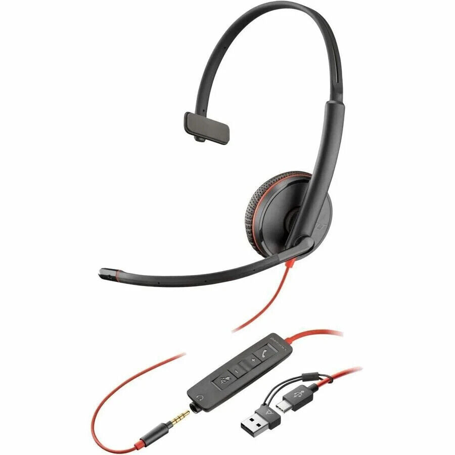 HP Poly 8X227A6 Blackwire 3215 Monaural USB-C Headset + 3.5mm Plug + USB-C/A